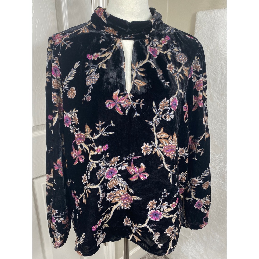 Cache Women's Large Black Floral Velvet Blouse Keyhole Mock Neck Long Sleeve